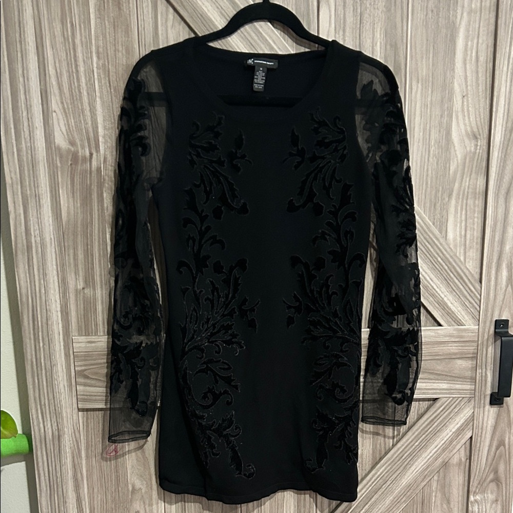 INC International Concepts Mini Black Long Sheer Sleeve Dress Vintage VelvetLace